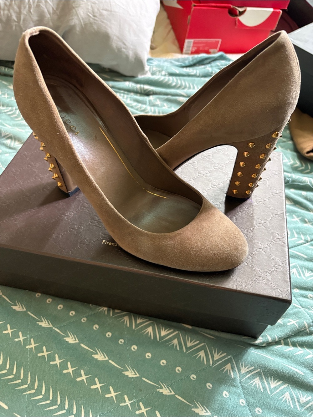 Gucci Brown Suede Pumps with Gold Stud Heels comes with box size 39